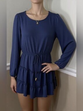 🎉 2 for $20! NWT Navy Long-Sleeve Tiered Mini Dress with Tie Waist - Small
